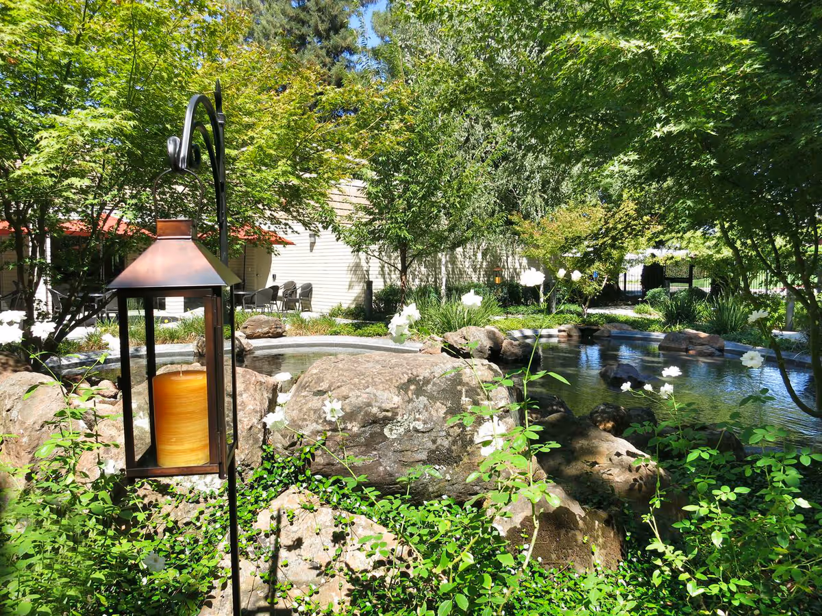 A peaceful outdoor garden area with lush green trees, white flowers, large rocks, and a small pond. A lantern with a large candle inside hangs from a black metal hook in the foreground. In the background, there are chairs and tables near a building with a light-colored exterior.