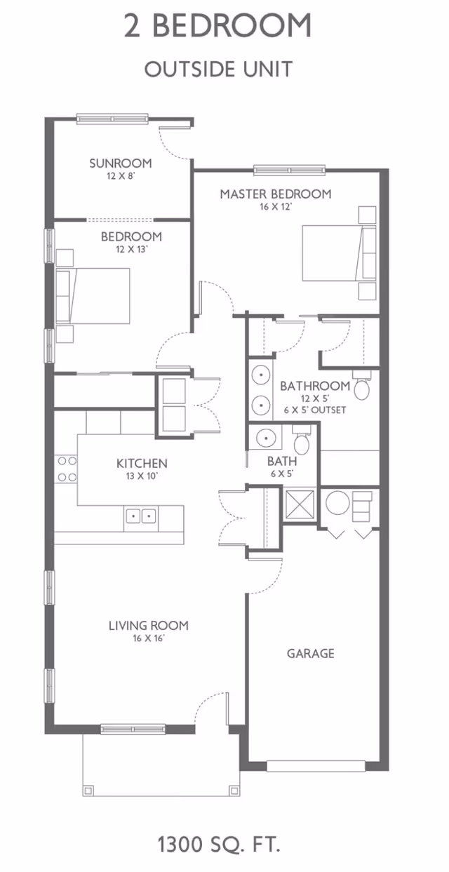 Floor plan of a 2 bedroom outside unit at Traditions at North Willow, showing a sunroom, bedroom, master bedroom, kitchen, living room, two bathrooms, and a garage. The total area is 1300 square feet.