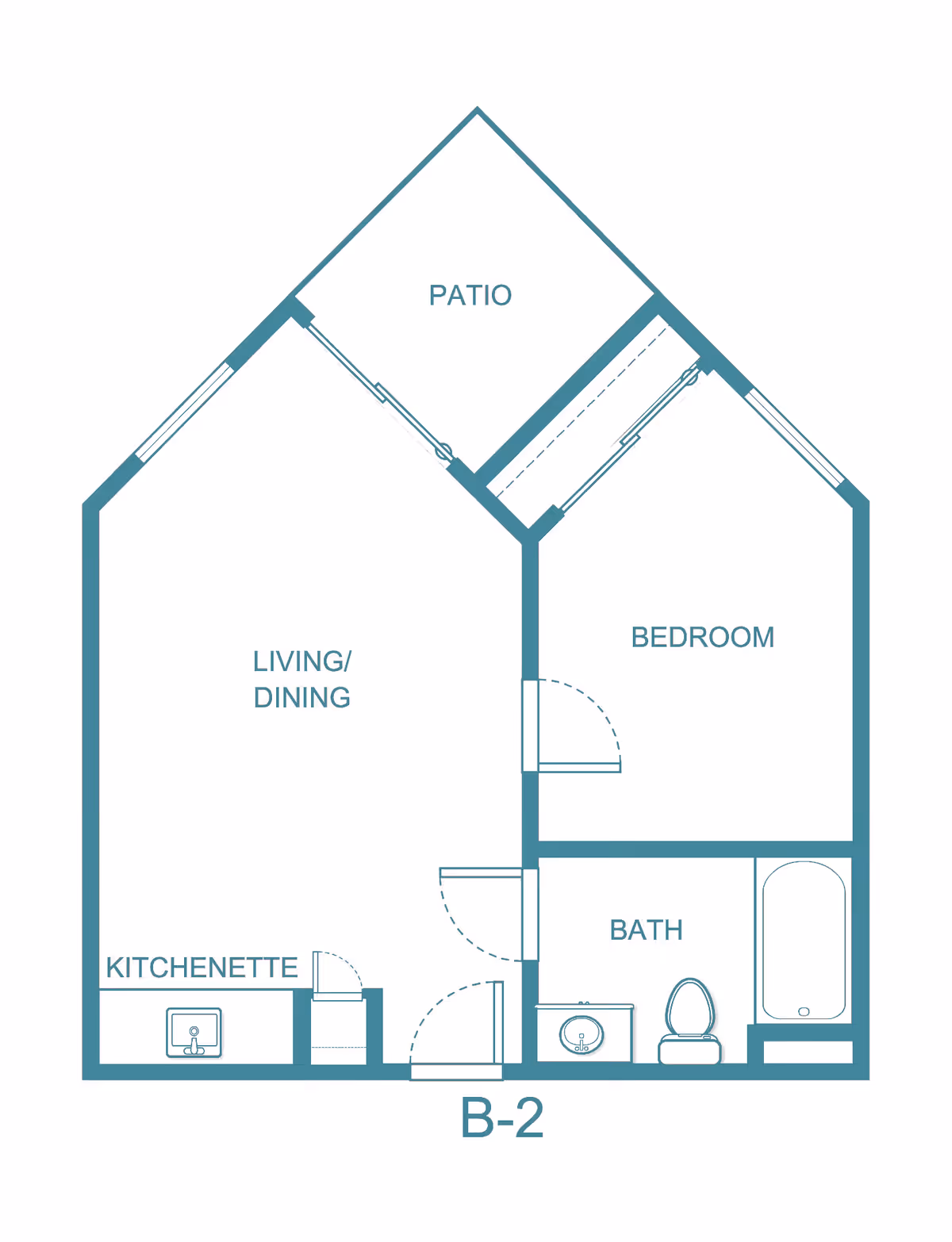 Architectural floor plan labeled B-2 showing a layout with a patio, bedroom, bath, kitchenette, and combined living/dining area.