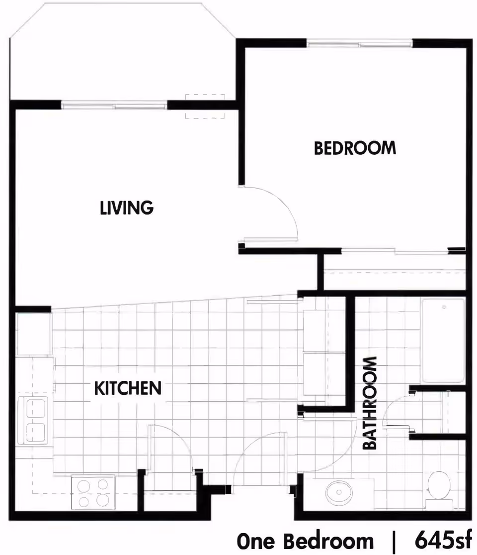 Floor plan of a one-bedroom apartment at Lakewood Landing showing a living room, kitchen, bedroom, and bathroom with labeled rooms and tiled kitchen and bathroom areas.