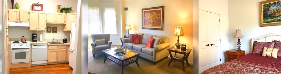 A collage of three images showing different rooms in a senior living facility. The first image is a kitchen with light wood cabinets, a stove, dishwasher, coffee maker, and some decorative plants. The second image is a living room with a gray sofa, armchair, coffee table, side table with a lamp, and a framed painting on the wall. The third image is a bedroom with a bed covered in red and gold bedding, a wooden nightstand with a lamp, a closed white door, and a framed painting on the wall.