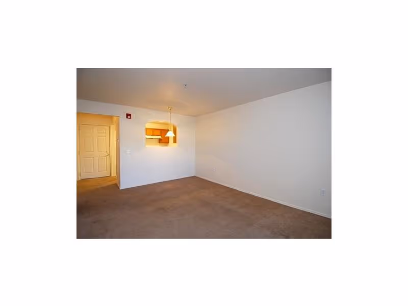 Empty room with beige carpet and white walls, featuring a small kitchen pass-through window with a hanging light fixture above it. A closed door is visible in the background.
