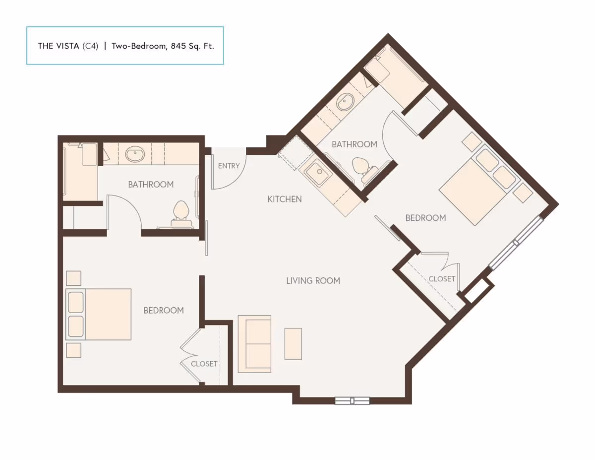 Floor plan labeled 'The Vista (C4) — Two-Bedroom, 845 Sq. Ft.' showing a living room, kitchen, two bedrooms, two bathrooms, and closets.