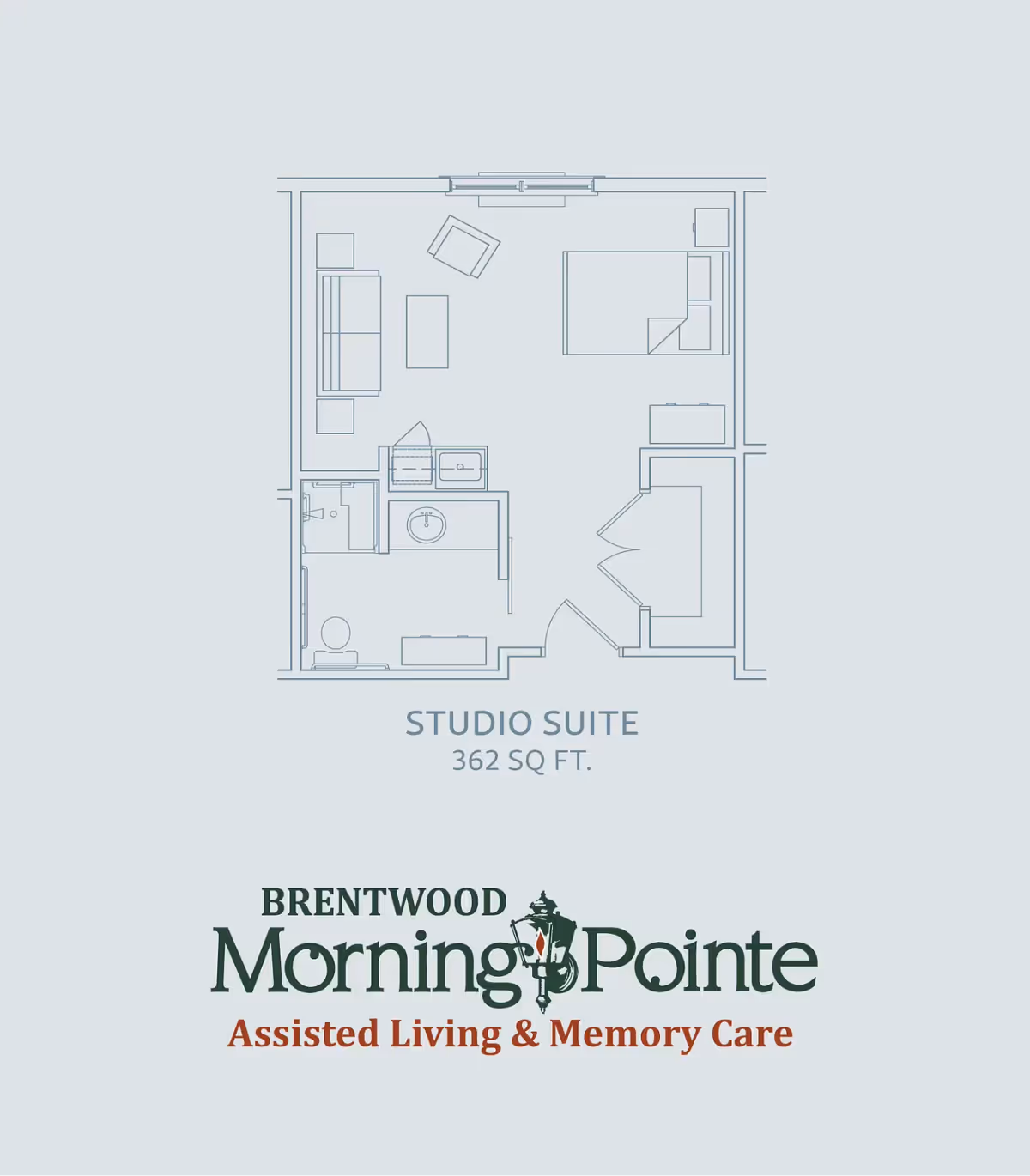 Floor plan of a studio suite measuring 362 square feet, showing a combined living and sleeping area with a bed, sofa, chair, and table, along with a bathroom and closet. Below the floor plan is the logo and name of Brentwood Morning Pointe Assisted Living & Memory Care.