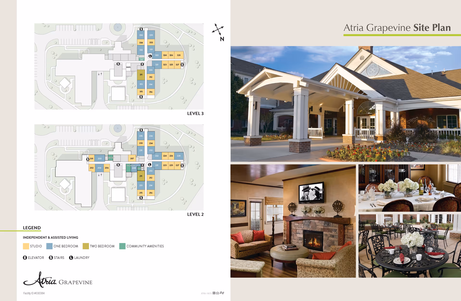 Site plan of Atria Grapevine showing level 2 and level 3 layouts with color-coded independent and assisted living units, elevators, stairs, and laundry areas. Accompanying photos include the exterior entrance of the facility with a covered drop-off area, a cozy living room with a fireplace and seating, a formal dining room table set with flowers and wine, and an outdoor patio dining area with tables and chairs.