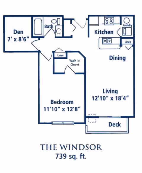 Floor plan of The Windsor apartment at ProHealth Regency Senior Communities New Berlin, showing a den, bathroom, bedroom with walk-in closet, kitchen, dining area, living room, and deck, totaling 739 square feet.