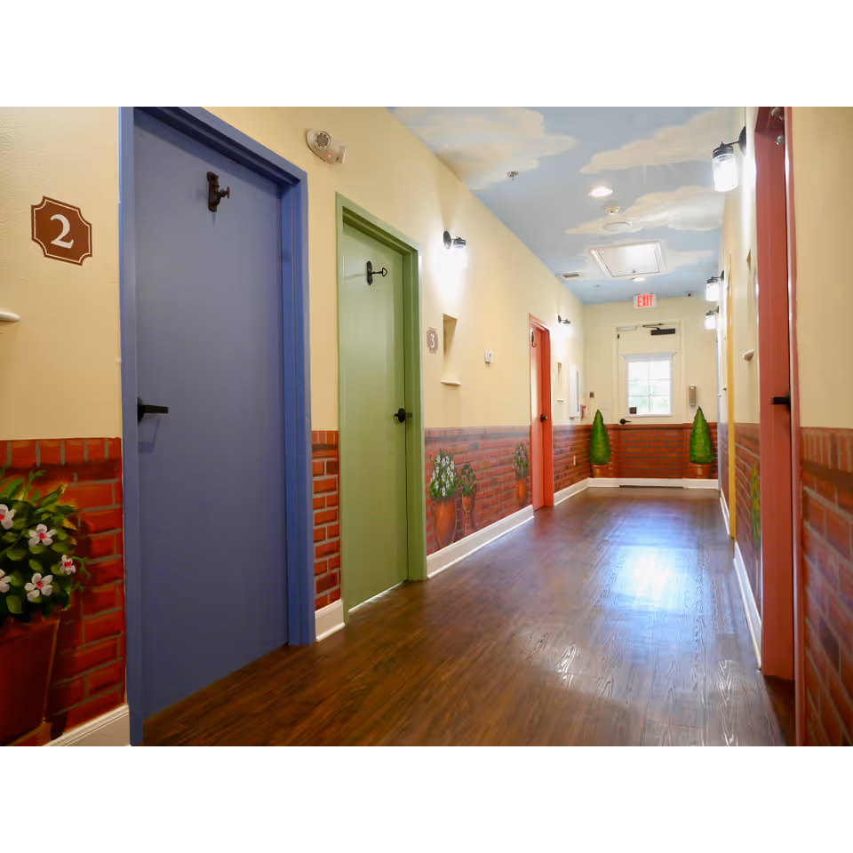 Bright interior hallway with colorful numbered doors, painted brick wainscot and a sky-painted ceiling.