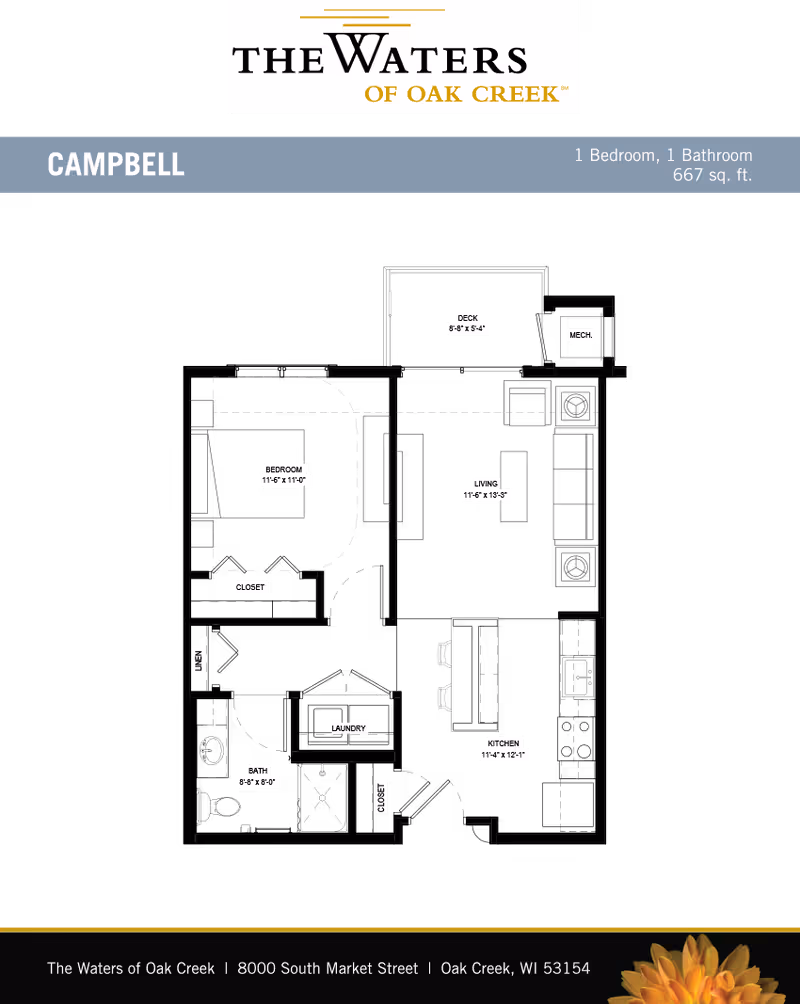 Floor-plan diagram titled 'Campbell' for The Waters of Oak Creek showing a one-bedroom, one-bath 667 sq. ft. layout with labeled rooms and measurements.