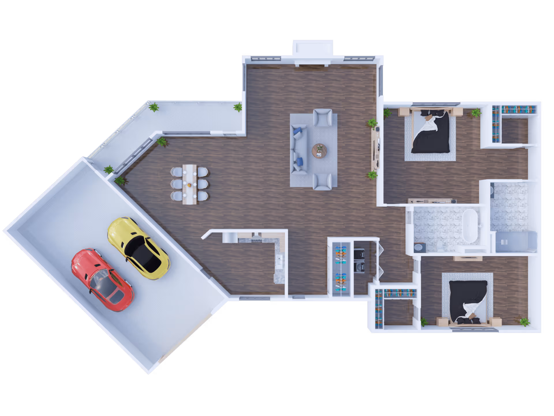 3D top-down floor plan of an apartment with a central living room, dining area, two bedrooms, a bathroom, and an attached two-car garage with two cars.