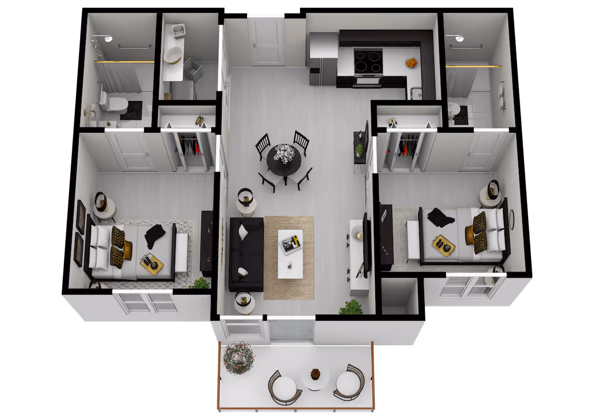 3D floor plan of a two-bedroom apartment featuring two bedrooms with beds and nightstands, two bathrooms with showers, a central living room with a sofa and coffee table, a dining area with a round table and four chairs, a kitchen with appliances, and a balcony with two chairs and a small table.