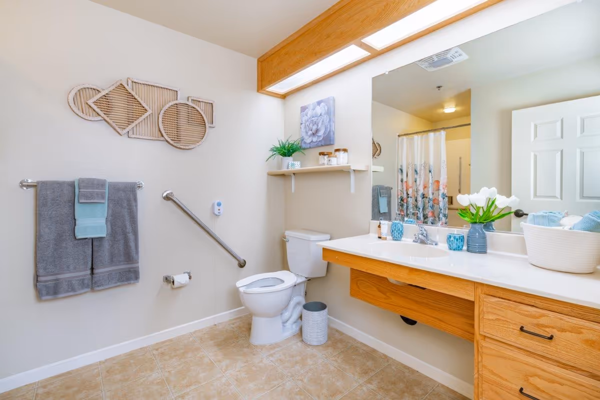 Bright accessible bathroom with a toilet, wooden vanity and sink, large mirror, grab bar, towel rack and decorative accents.