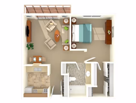 3D floor plan of a one-bedroom apartment featuring a living room with sofa, armchair, coffee table, TV, and plant; a dining area with a table and four chairs; a kitchen with appliances and cabinetry; a bedroom with a bed, nightstands, and dresser; and a bathroom with a shower, toilet, and sink. The apartment also includes closets and a balcony area.