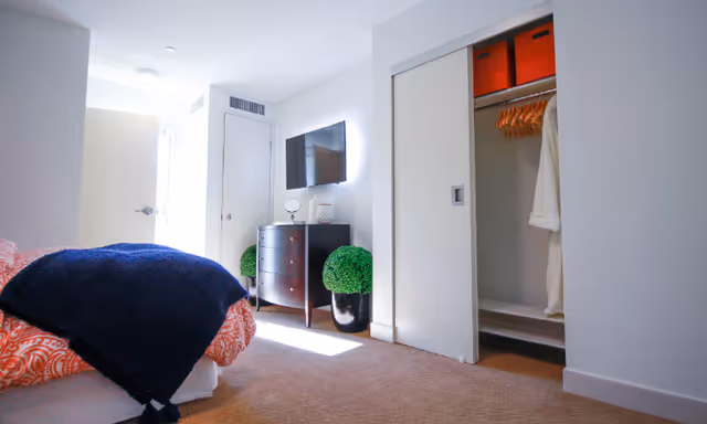 Bright bedroom with a bed, wall-mounted TV above a dresser, two potted plants, and an open closet with a hanging robe.