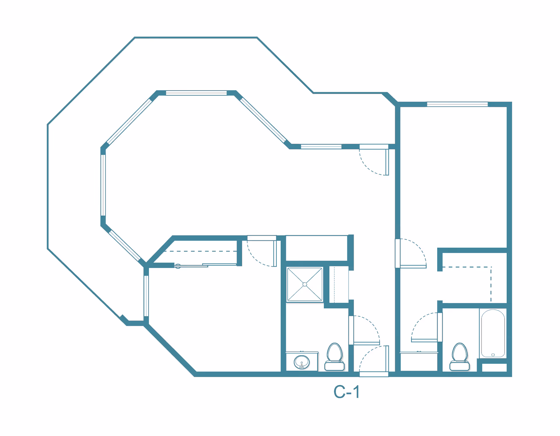 Architectural floor plan labeled C-1 showing layout of rooms including two bathrooms, a large octagonal room with multiple windows, and several other rooms with doors and closets.