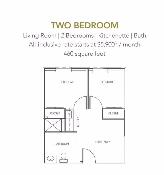 Floor plan of a two-bedroom apartment with a living area, kitchenette, bathroom, and closets in each bedroom. The layout shows two bedrooms side by side, a bathroom near the entrance, and a combined living area and kitchen space.