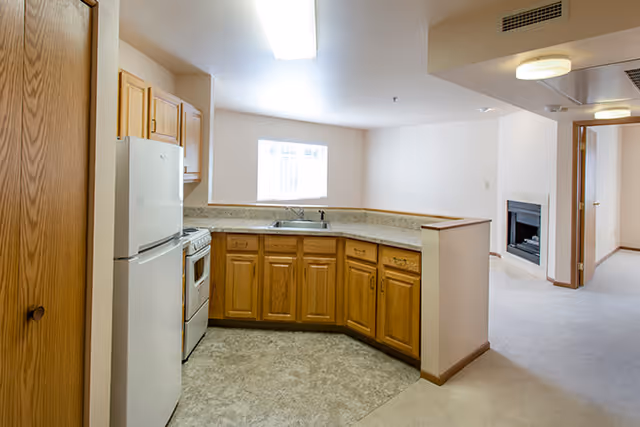 A small kitchen area with wooden cabinets, a white refrigerator, a white stove, and a countertop with a sink. The kitchen opens into a carpeted living area with a fireplace and doorways leading to other rooms. A window above the sink lets in natural light.
