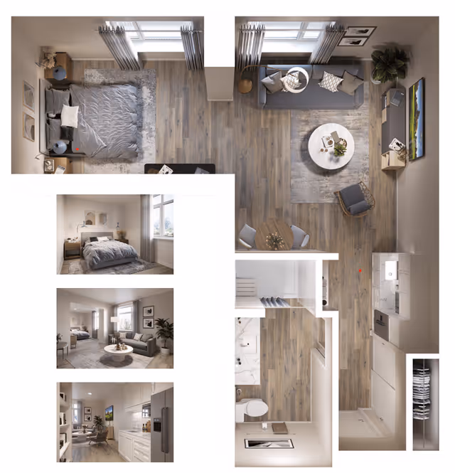 Top-down view of a senior living apartment floor plan featuring a bedroom with a bed and nightstands, a living room with a sofa, armchair, coffee table, and TV, a dining area with a round table and chairs, a kitchen with appliances and cabinetry, and a bathroom with a toilet and shower. The image also includes three smaller inset photos showing the bedroom, living room, and kitchen interiors from different angles.