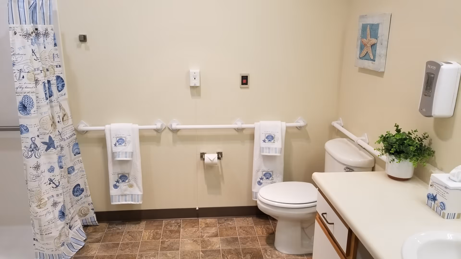 A clean and accessible bathroom with a toilet, grab bars on the walls, a shower with a nautical-themed curtain, two white towels hanging on the grab bars, a countertop with a potted plant and tissue box, and a wall-mounted soap dispenser.