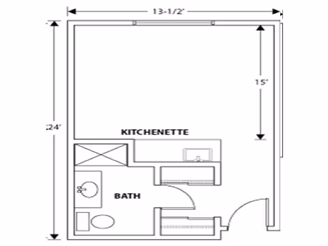 Floor plan of a small studio unit showing a kitchenette, bathroom, entry door, and room dimensions.