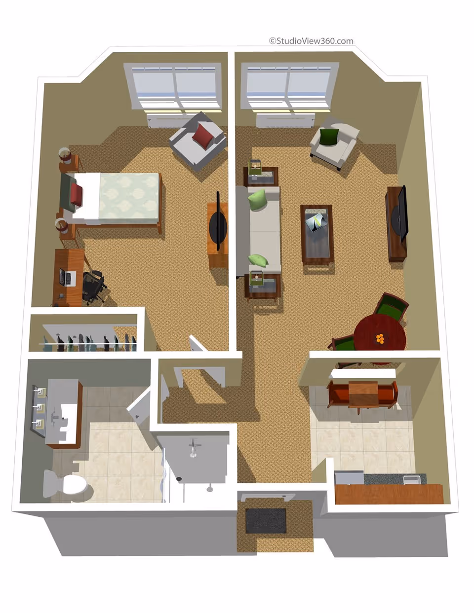 3D floor plan of a senior living apartment at Windsong of Sonoma Senior Living, showing a bedroom with a bed, desk, and chair; a living room with sofa, armchairs, coffee table, and TV; a dining area with a round table and chairs; a kitchen with appliances and a small dining table; and a bathroom with a toilet, sink, and shower.