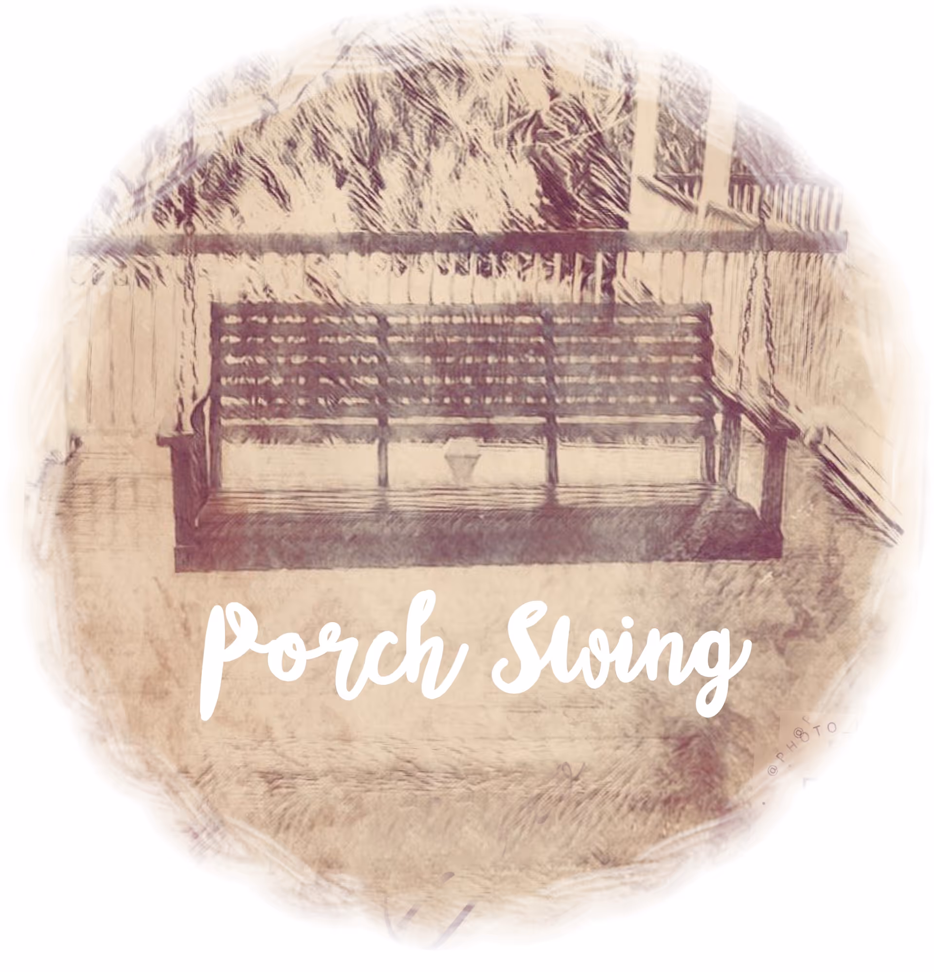 A stylized sketch of a wooden porch swing on a covered porch with the words "Porch Swing" overlaid.