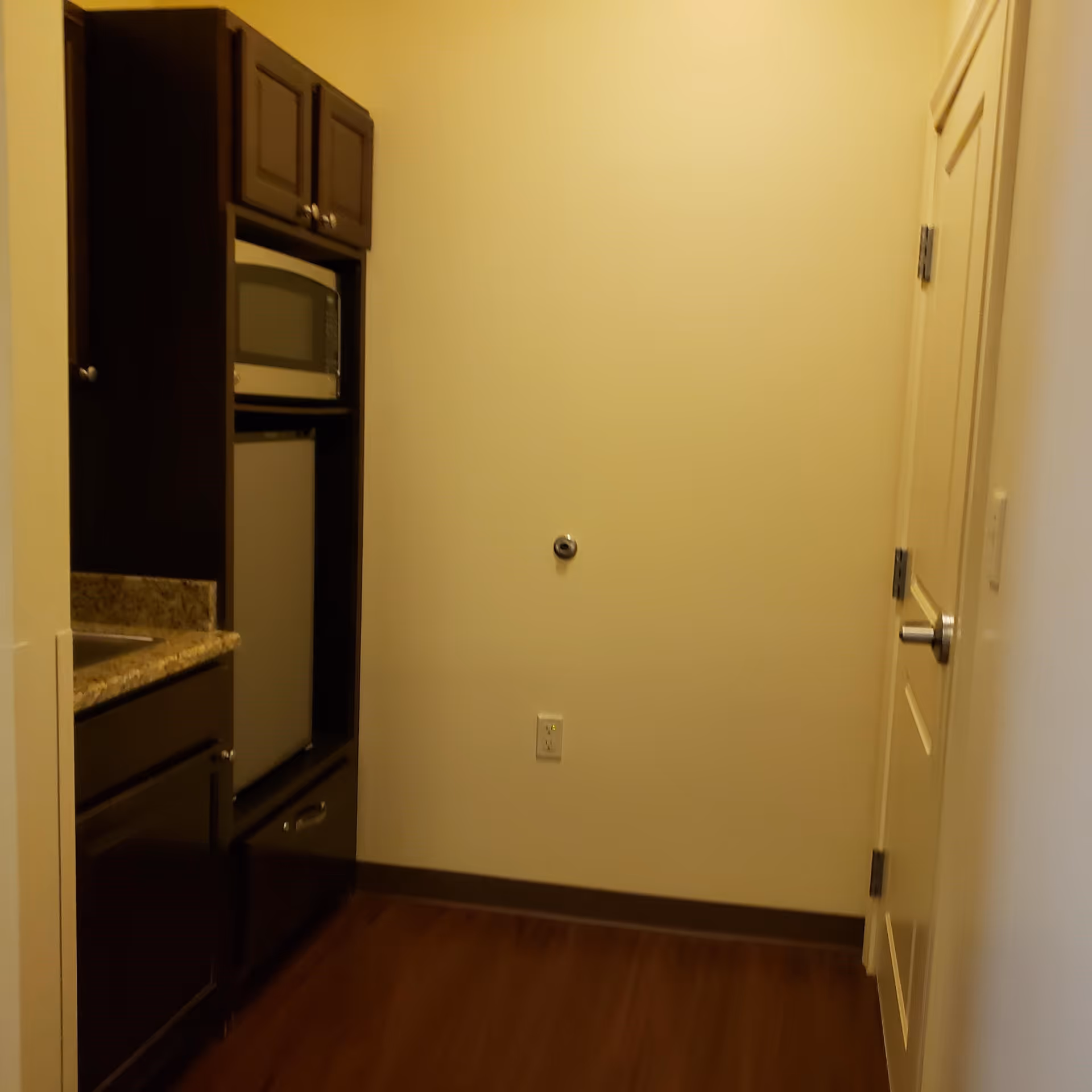 A small kitchenette area with dark wooden cabinets, a microwave, a mini refrigerator, and a granite countertop. The floor is wooden, and there is a closed white door on the right side of the image.