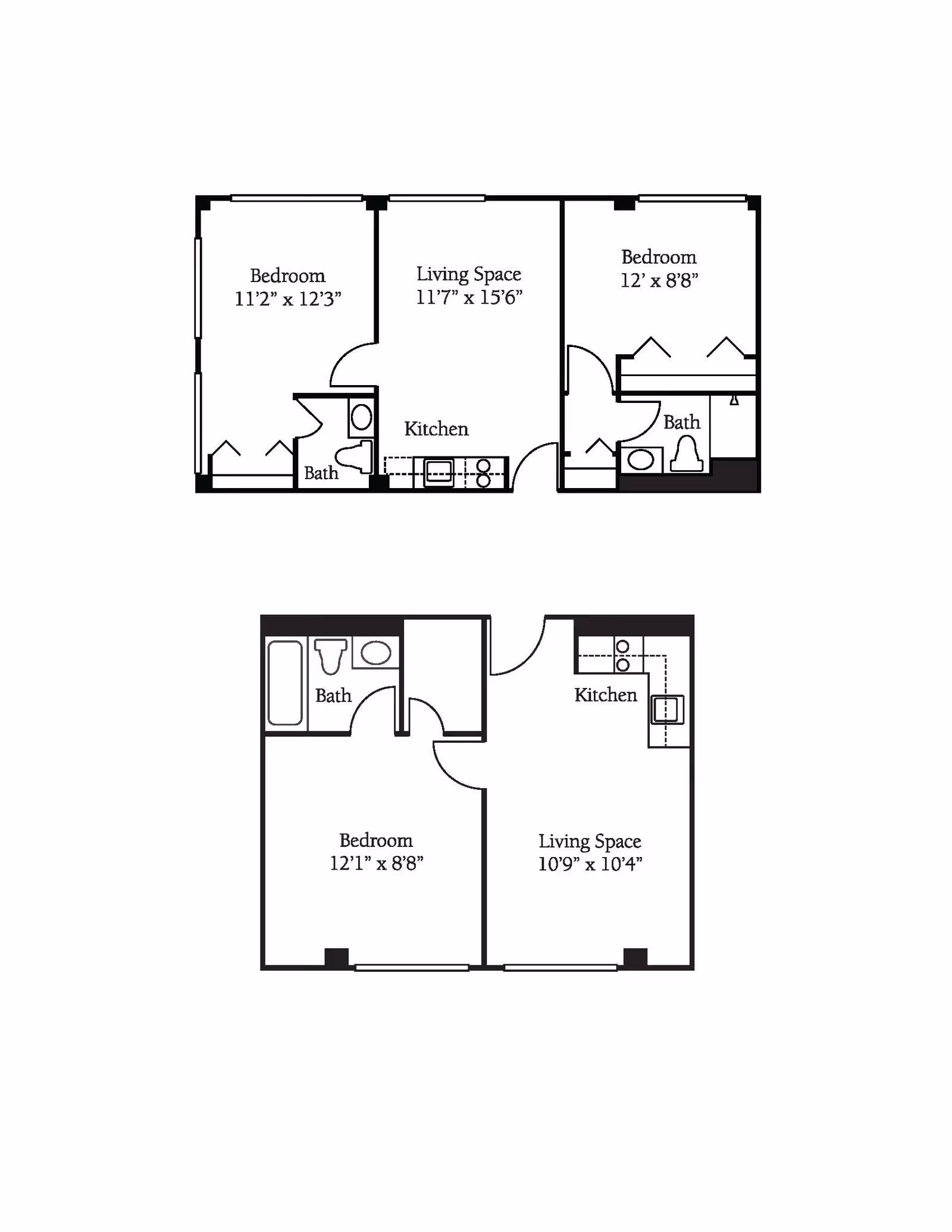 Two black and white architectural floor plans showing layouts with bedrooms, living spaces, kitchens, and bathrooms. The top plan includes two bedrooms, a living space, a kitchen, and two bathrooms. The bottom plan includes one bedroom, a living space, a kitchen, and one bathroom.