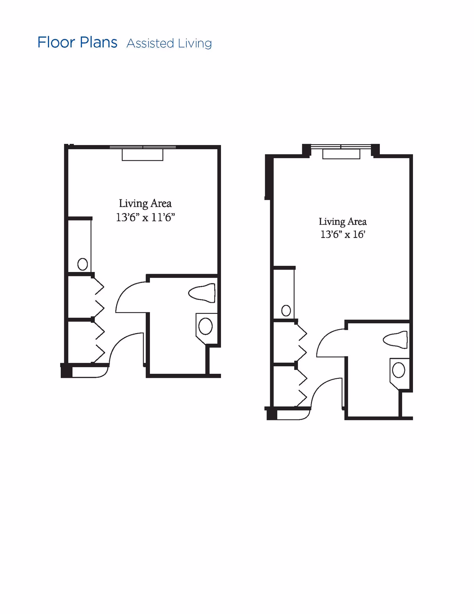 Two assisted living floor plans showing living areas and bathrooms with dimensions. The left floor plan has a living area measuring 13 feet 6 inches by 11 feet 6 inches, and the right floor plan has a living area measuring 13 feet 6 inches by 16 feet.