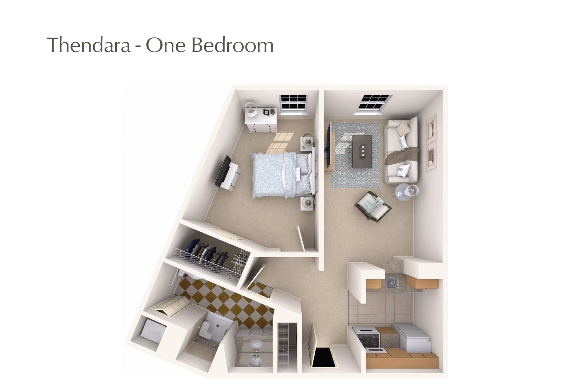 3D floor plan of a one-bedroom apartment named Thendara, showing a bedroom with a bed, nightstands, and a TV, a living room with a sofa, armchair, coffee table, and TV, a kitchen with appliances and cabinets, a bathroom with a sink and shower, and a closet with hanging clothes.