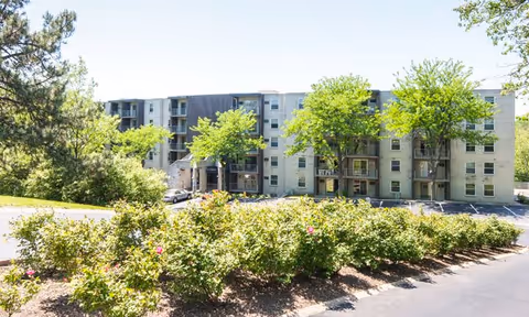 Exterior view of a multi-story apartment building with balconies, trees, and landscaped shrubs in front.