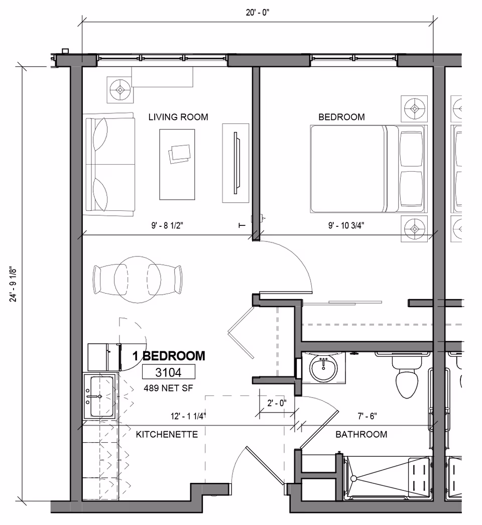 Architectural floor plan of a one-bedroom unit at Evergreen Village at Bloomington, showing a living room with sofa and TV, a bedroom with a bed and nightstands, a kitchenette with sink and counter space, and a bathroom with sink, toilet, and shower. Dimensions and labels for each area are included.