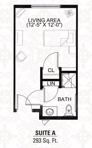Black-and-white floor plan labeled Suite A 293 Sq. Ft. showing a 12'-5" x 12'-0" living area, closet and linen storage, and a bathroom with sink, toilet, and shower.