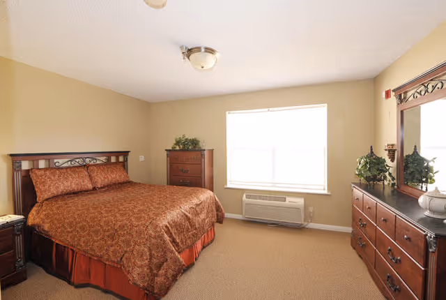 Bedroom with a patterned brown bed, wooden headboard and matching dressers under a bright window with an air conditioner.