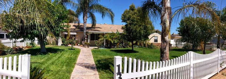 Front exterior view of a single-story residential building with a well-maintained lawn, palm trees, and a white picket fence with the number 13 on the gate under a clear blue sky.