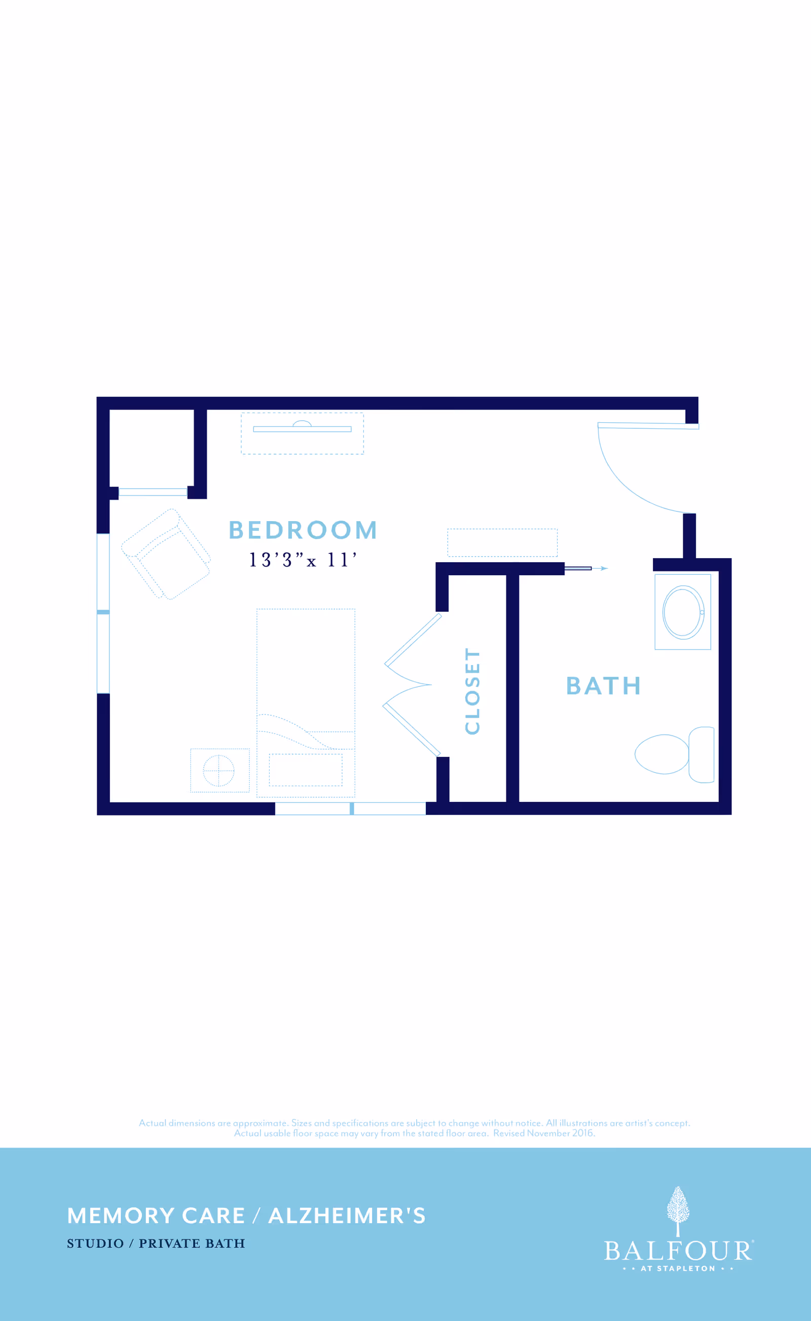 Floor plan of a memory care studio apartment with a private bath, showing a bedroom area measuring 13 feet 3 inches by 11 feet, a closet, and a bathroom with a toilet and bathtub.