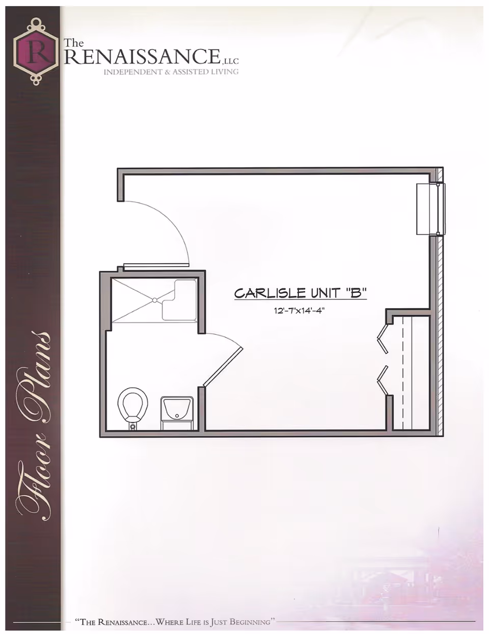 Floor plan layout of Carlisle Unit B at The Renaissance Senior Living, showing a main room measuring 12 feet 7 inches by 14 feet 4 inches, with an attached bathroom including a toilet, sink, and shower.