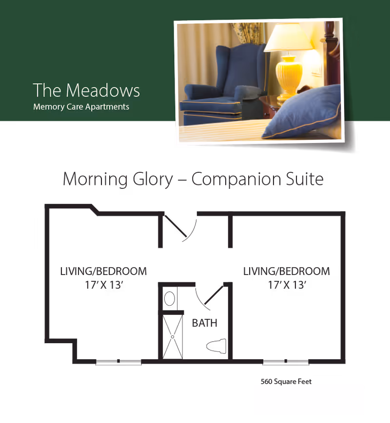Floor plan layout of the Morning Glory Companion Suite at The Meadows Memory Care Apartments, showing two living/bedroom areas each measuring 17 by 13 feet, connected by a central bathroom.