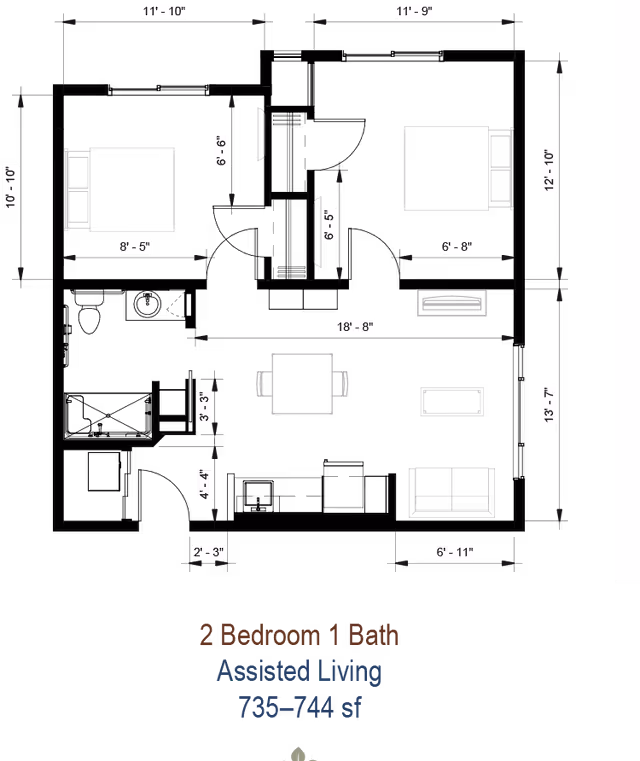 Floor plan of a 2 bedroom, 1 bathroom assisted living apartment showing dimensions of rooms including two bedrooms, a living area with sofa and table, and a dining area with a table and chairs.