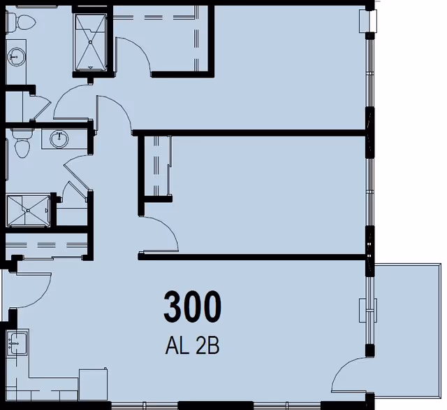 Architectural floor plan of unit 300 labeled AL 2B at Aspire Oshkosh, showing layout with two bathrooms, closets, and a balcony area.