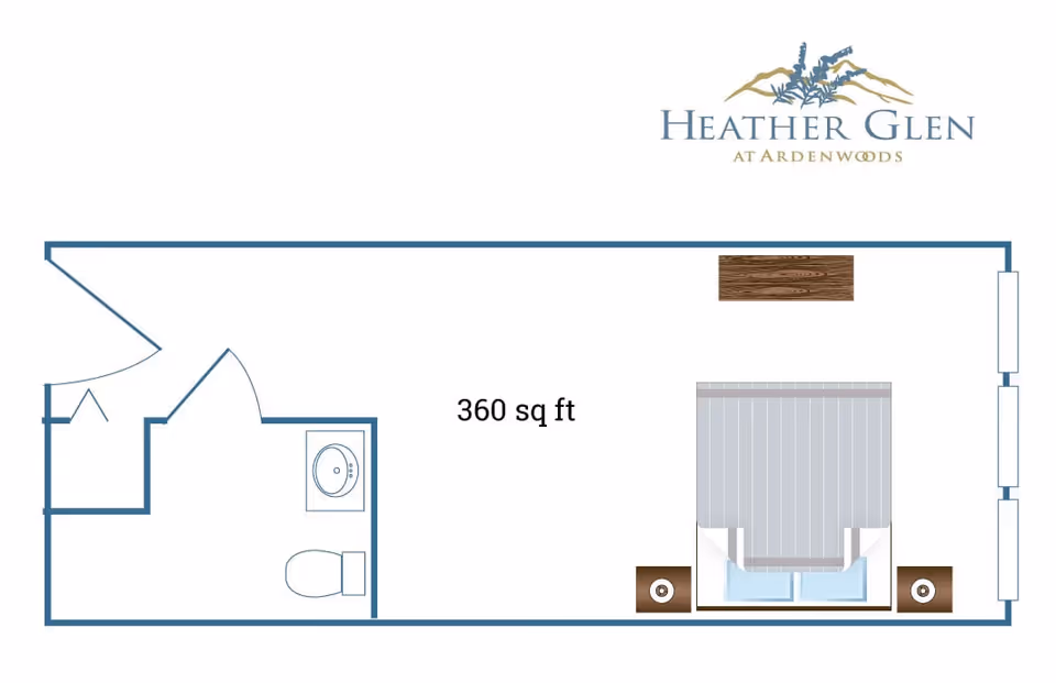 Floor plan diagram of a 360 sq ft studio apartment showing a bed with nightstands, a bathroom, and an entry door.