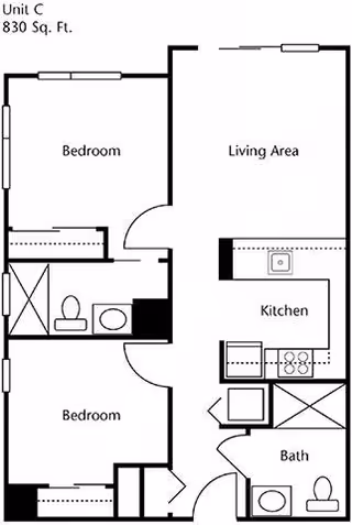 Floor plan of Unit C with 830 square feet, showing two bedrooms, a living area, a kitchen, and two bathrooms.