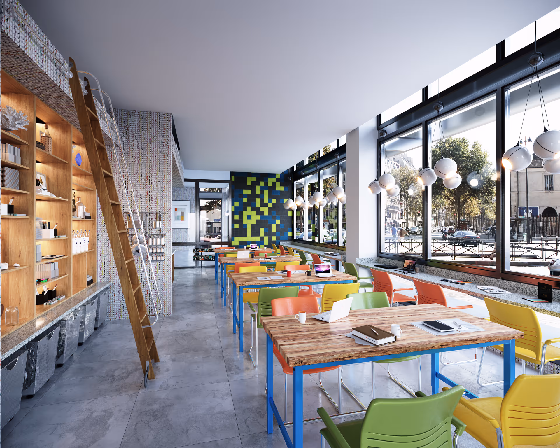 Bright and modern communal workspace with large windows letting in natural light, colorful chairs around wooden tables, laptops and notebooks on the tables, a tall wooden ladder leaning against a wall with shelves filled with various items, and pendant lights hanging from the ceiling.
