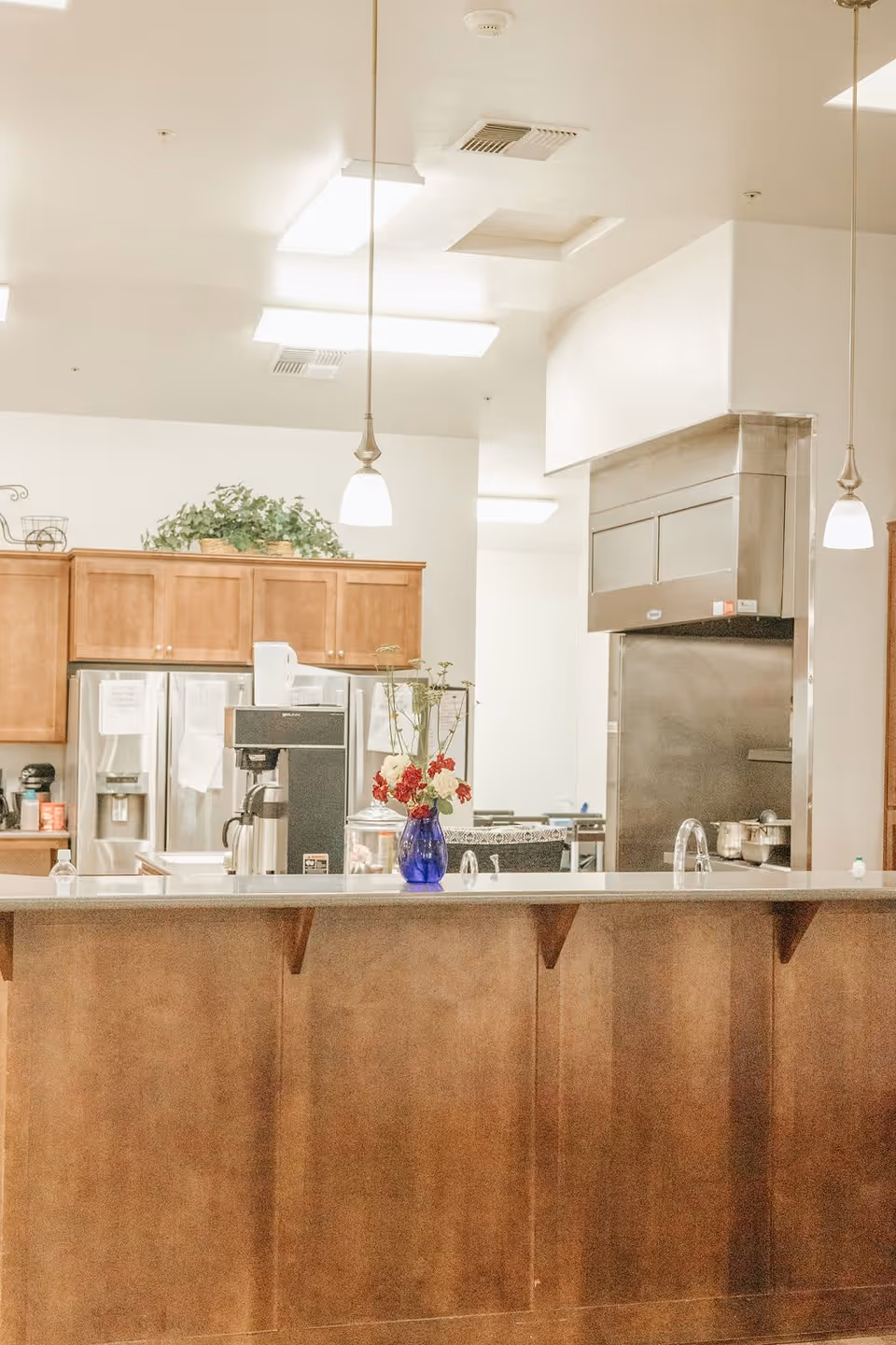Interior view of a kitchen area with wooden cabinets, a stainless steel refrigerator, a coffee machine, and a large stainless steel oven. There is a countertop with a blue vase holding red and white flowers, pendant lights hanging from the ceiling, and some greenery on top of the cabinets.