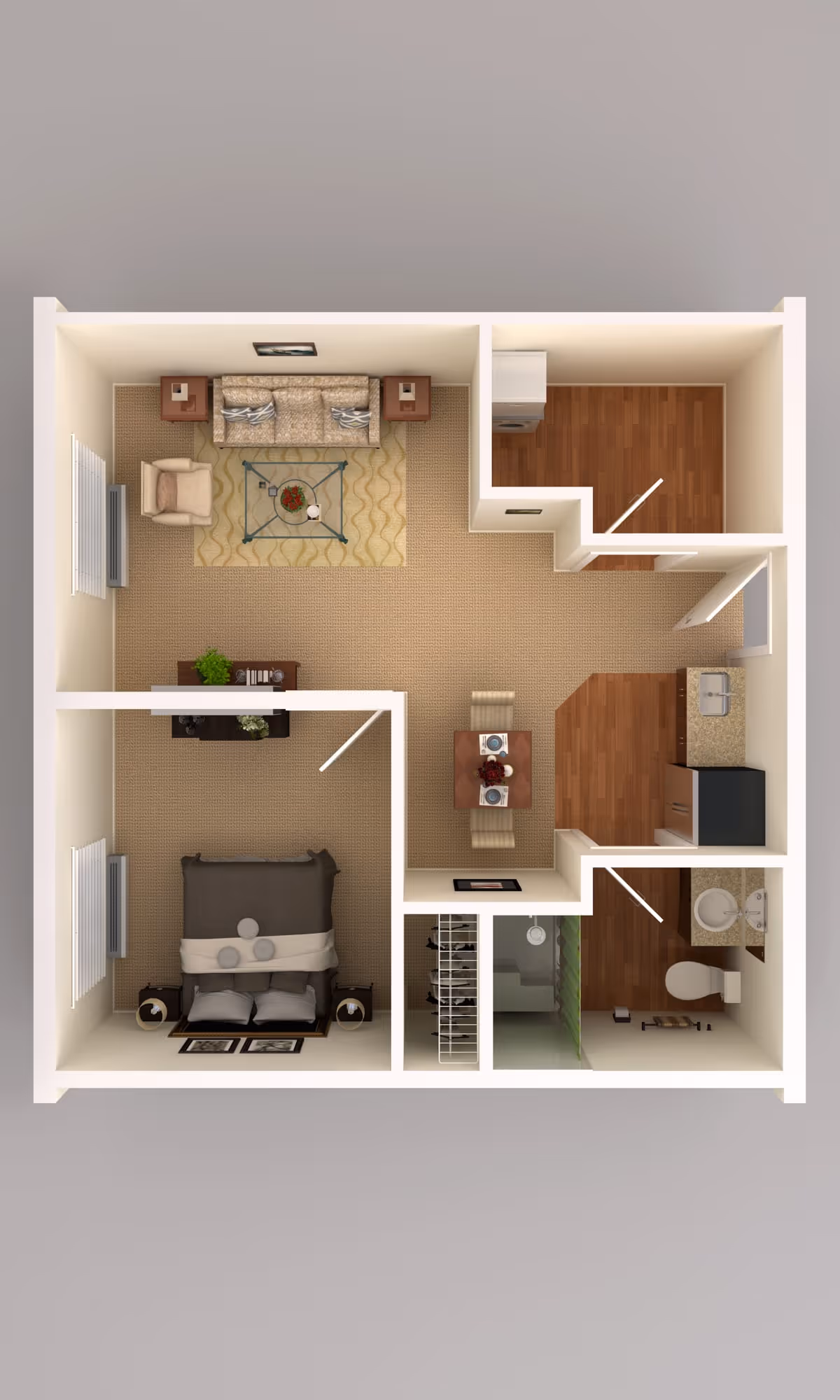 3D floor plan of a senior living apartment showing a living room with a sofa, armchair, coffee table, and TV, a bedroom with a bed and nightstands, a kitchen with appliances and a dining table with chairs, and a bathroom with a toilet and sink.