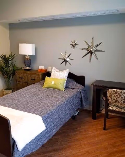 A neatly made single bed with a gray bedspread, a white pillow, and a green decorative pillow in a room. Next to the bed is a wooden nightstand with a lamp and some items on it. On the wall above the bed are three metallic star-shaped decorations. To the right of the bed is a dark wooden desk with a patterned chair. The floor is wooden, and there is a potted plant next to the nightstand.