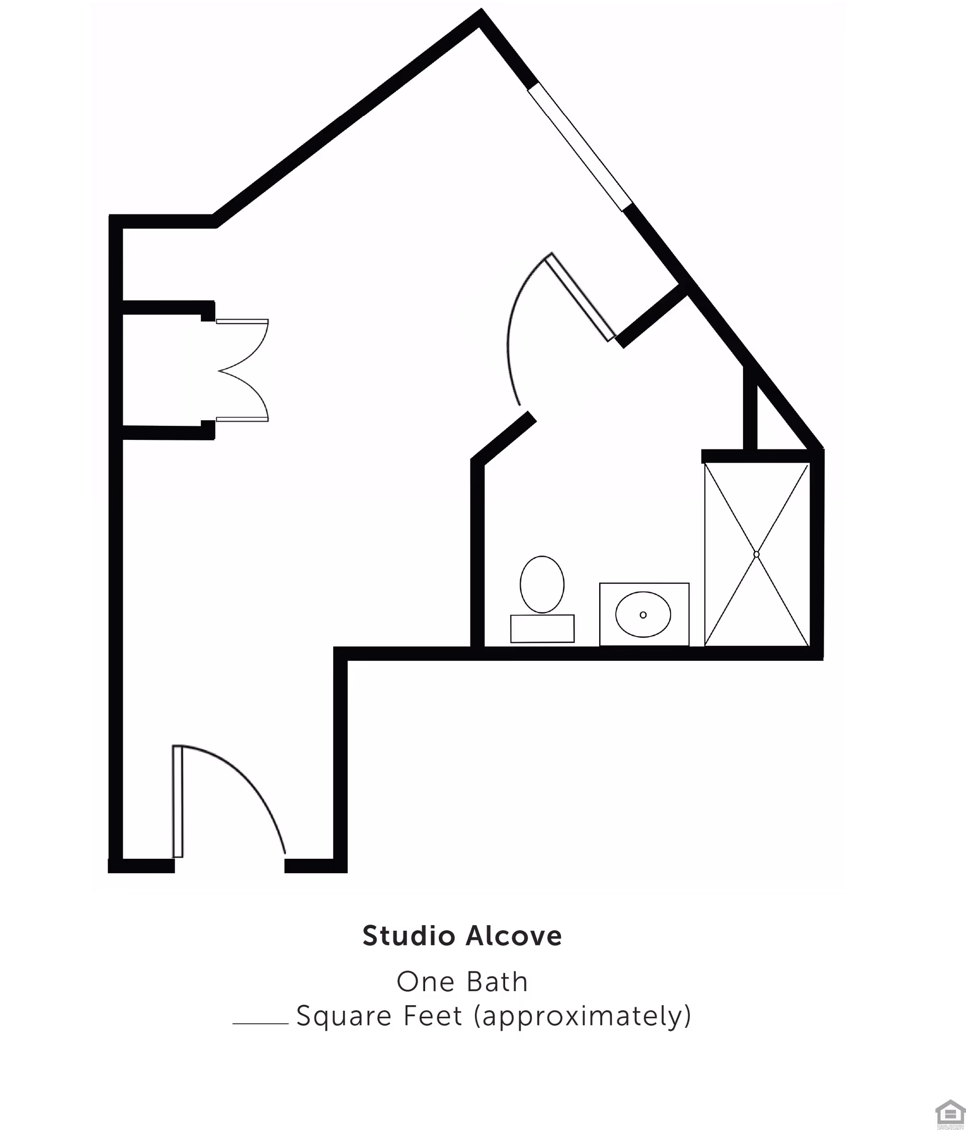 Floor plan layout of a studio alcove apartment with one bathroom including a toilet, sink, and shower area. The layout shows the entrance door, a small closet, and the main living space.