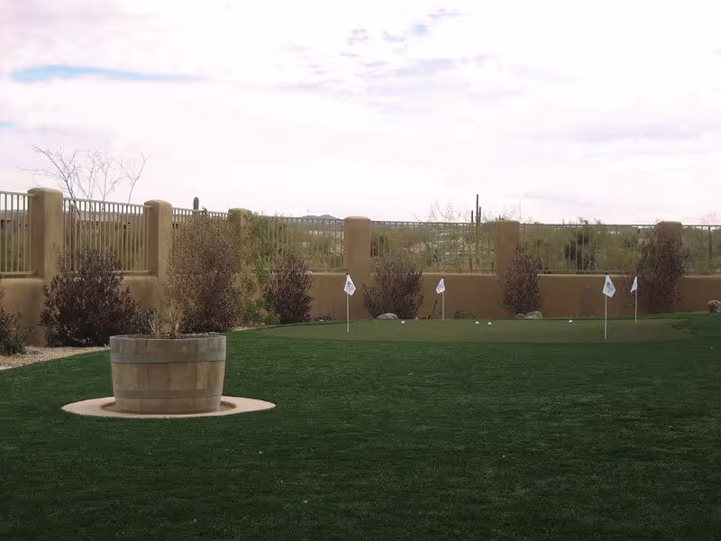 Outdoor putting green area with several golf flags and balls on artificial turf, surrounded by a beige wall and some bushes, under a partly cloudy sky.