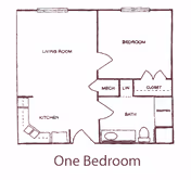 Floor plan of a one-bedroom apartment at Peachtree Village Retirement Community showing a living room, kitchen, bedroom, bathroom with shower, closet, linen closet, and mechanical room.
