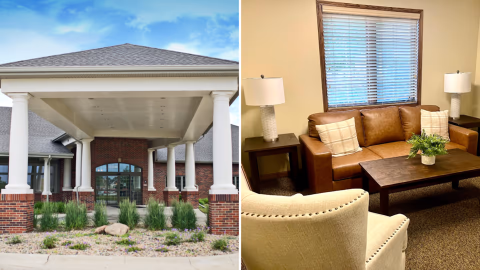 Left side shows the front entrance of a brick building with white columns and a covered driveway. The right side shows a cozy interior living room with a brown leather sofa, two side tables with lamps, a wooden coffee table with a small plant, and a beige armchair in front of a window with blinds.