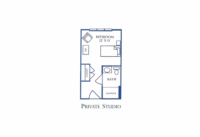 Floor plan of a private studio apartment showing a bedroom area measuring 12 by 11 feet with a bed, chair, and dresser. There is a closet near the entrance and a bathroom with a toilet, sink, and shower.